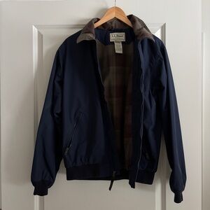 LL Bean navy bomber jacket with plaid lining